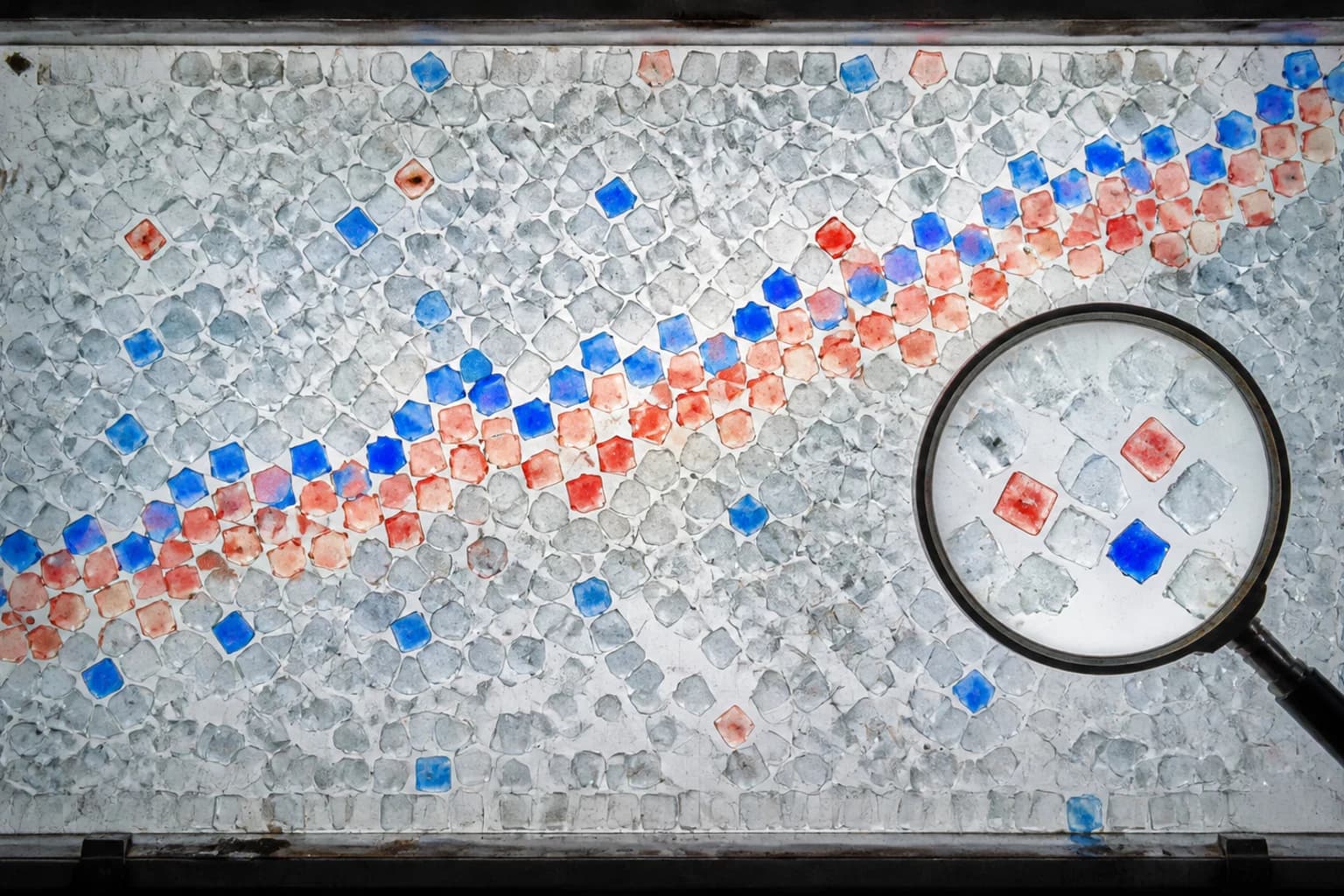 A tactile data signal emerging from scattered glass tiles on a lightbox