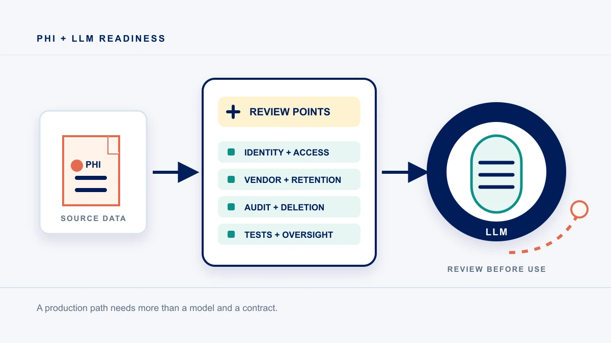 A PHI document passes through review points for access, vendor, audit, and testing before reaching a language model