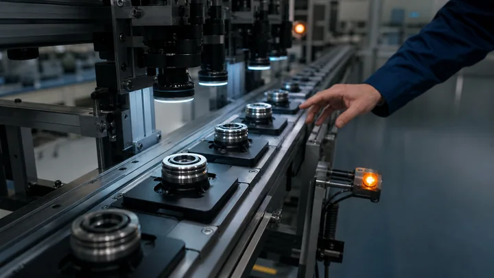 Precision components pass through an inspection line as an operator intervenes at the first warning signal