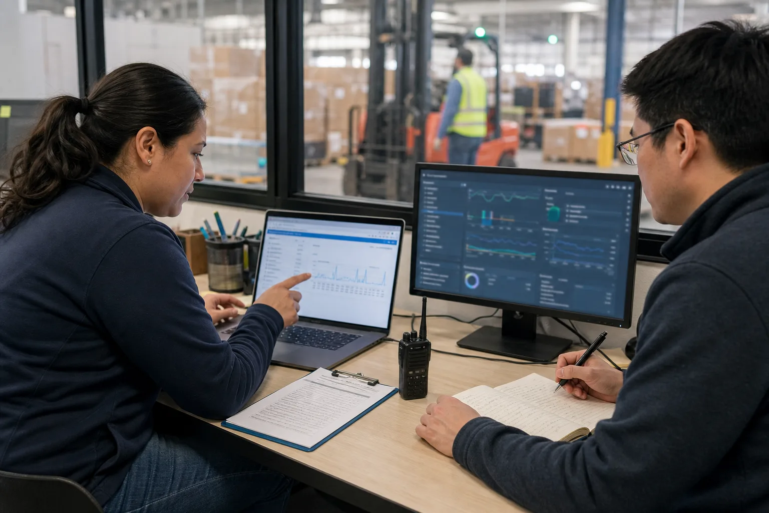 An operations lead and software engineer validating a production AI system in the workplace
